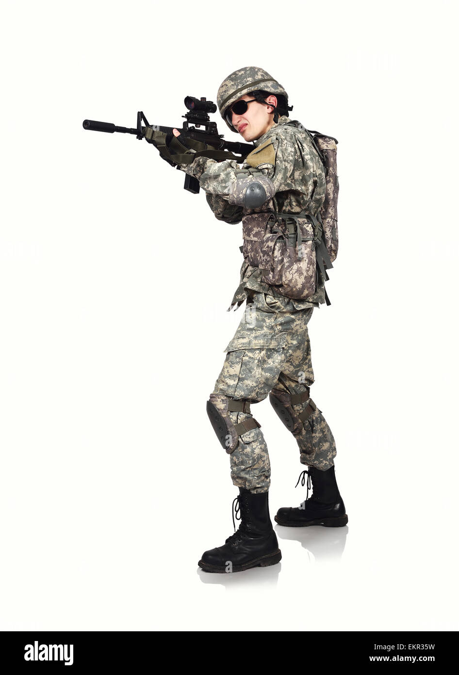 American soldier with rifle on white background Stock Photo - Alamy