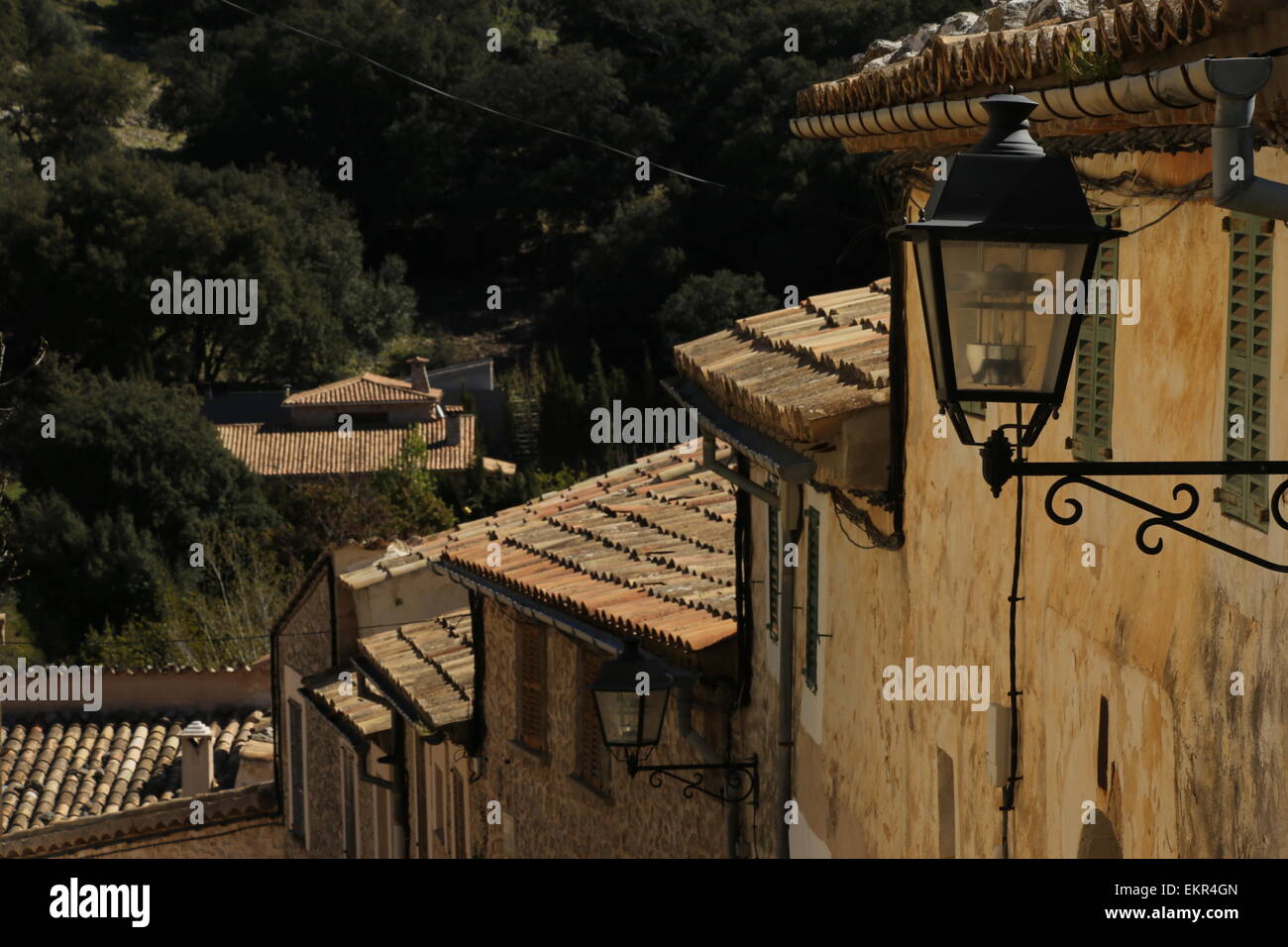 Majorca mallorca village. Orient village  Old street lamp terracotta tiles Stock Photo