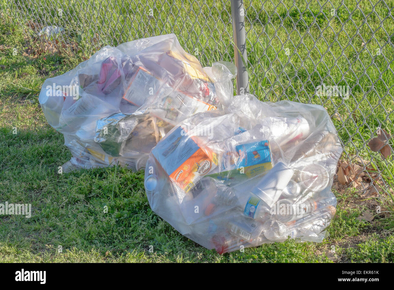 Two clear plastic bags of trash laying on ground by fence waiting
