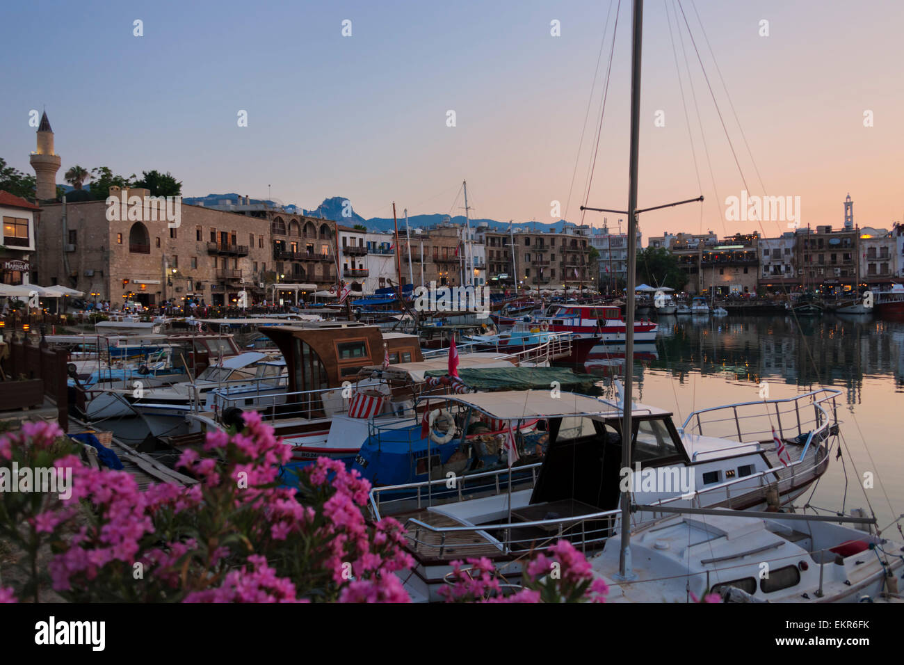 Ship in the harbor at sunset, Kyrenia, Turkish Republic of Northern Cyprus Stock Photo