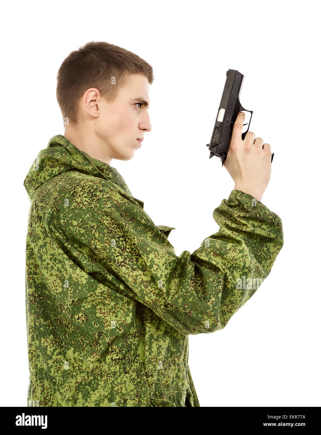 young military man with gun, isolated on white Stock Photo