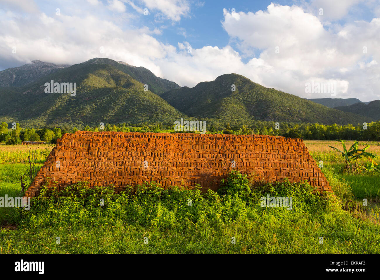 A village brick kiln below Mount Mulanje in Malawi, Africa. Stock Photo