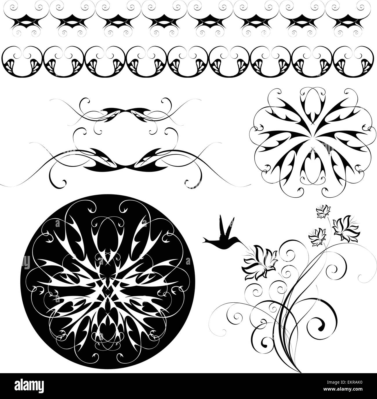 set of monochrome flowery patterns and ornaments Stock Vector