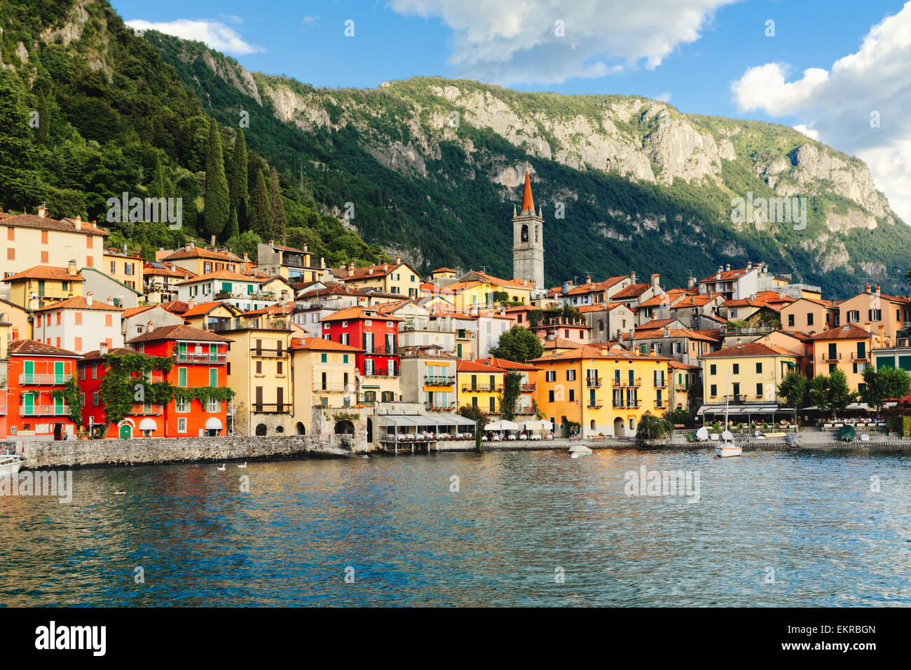 Low Angle View of a Small Town on a Lake, Varenna, Lake Como, Lombardy, Italy Stock Photo