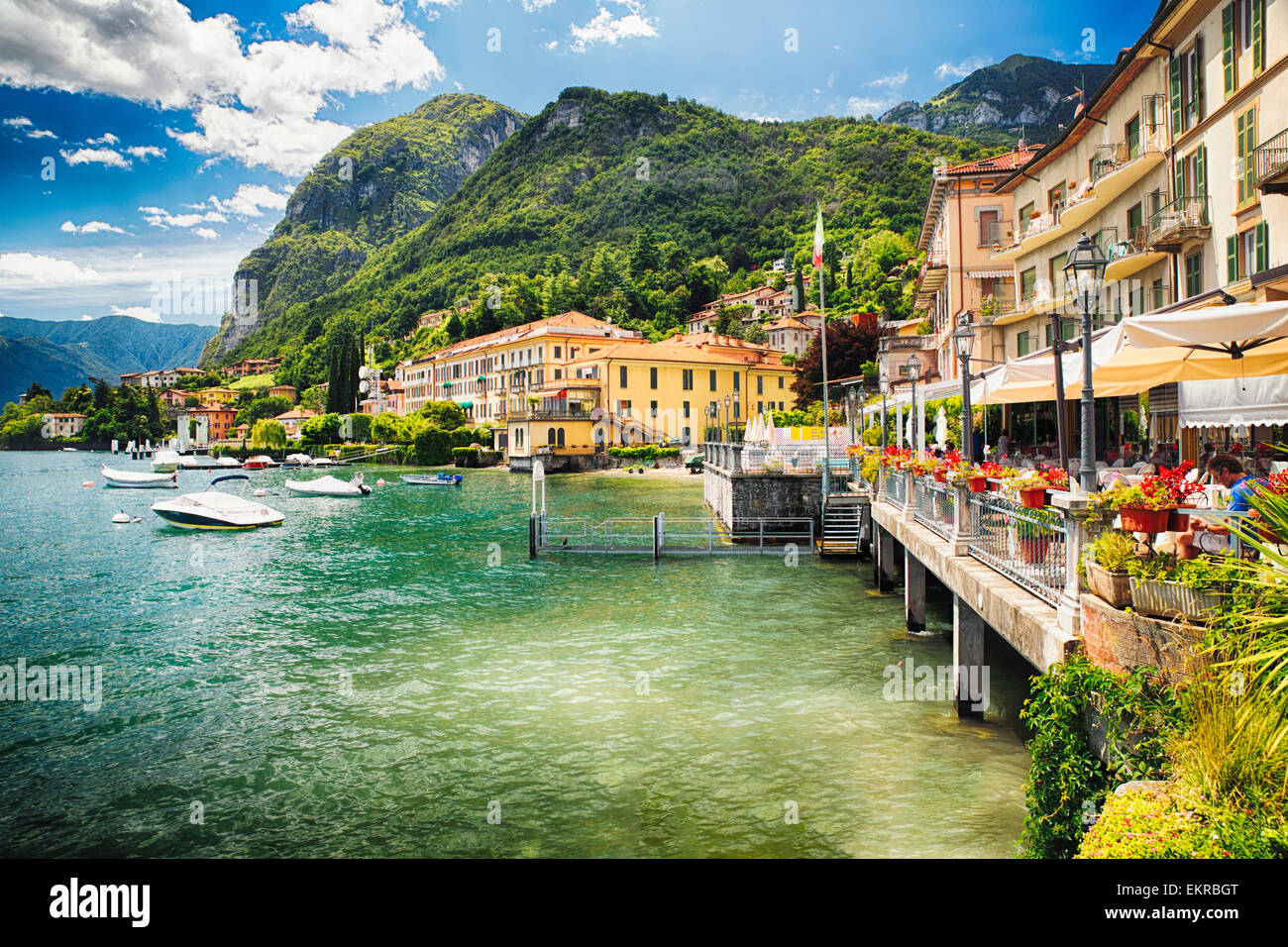 Lake Front Terrace of a Restaurant, Menaggio, Lake Como, Lombardy, Italy Stock Photo