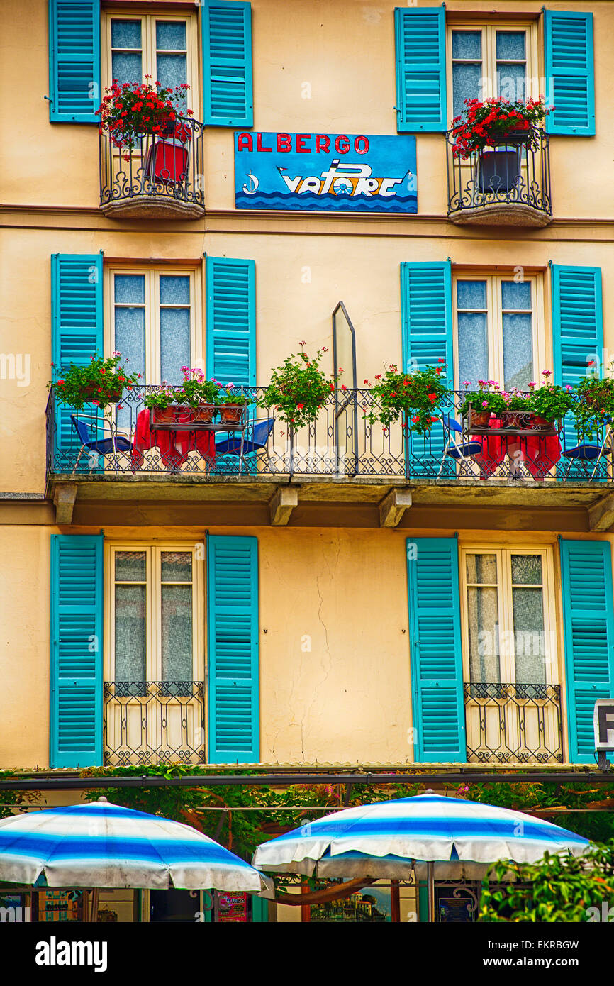 Windows, Balconies on a Small Hotel, Albergo Vapore, Menaggio, Lake Como, Lombardy, Italy Stock Photo