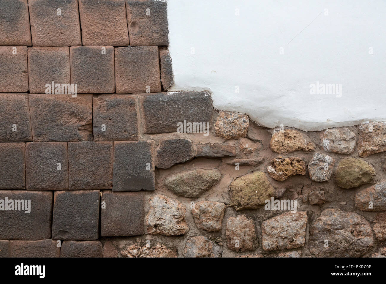 Peru, Cusco.  Three Architectural Styles:  Spanish Colonial, Inca Pachacutec, Inca pre-Pachacutec. Stock Photo