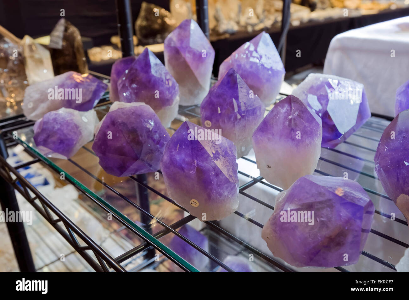 Amethyst crystals for sale, Tucson Gem and Mineral Show, Tucson, Arizona Stock Photo