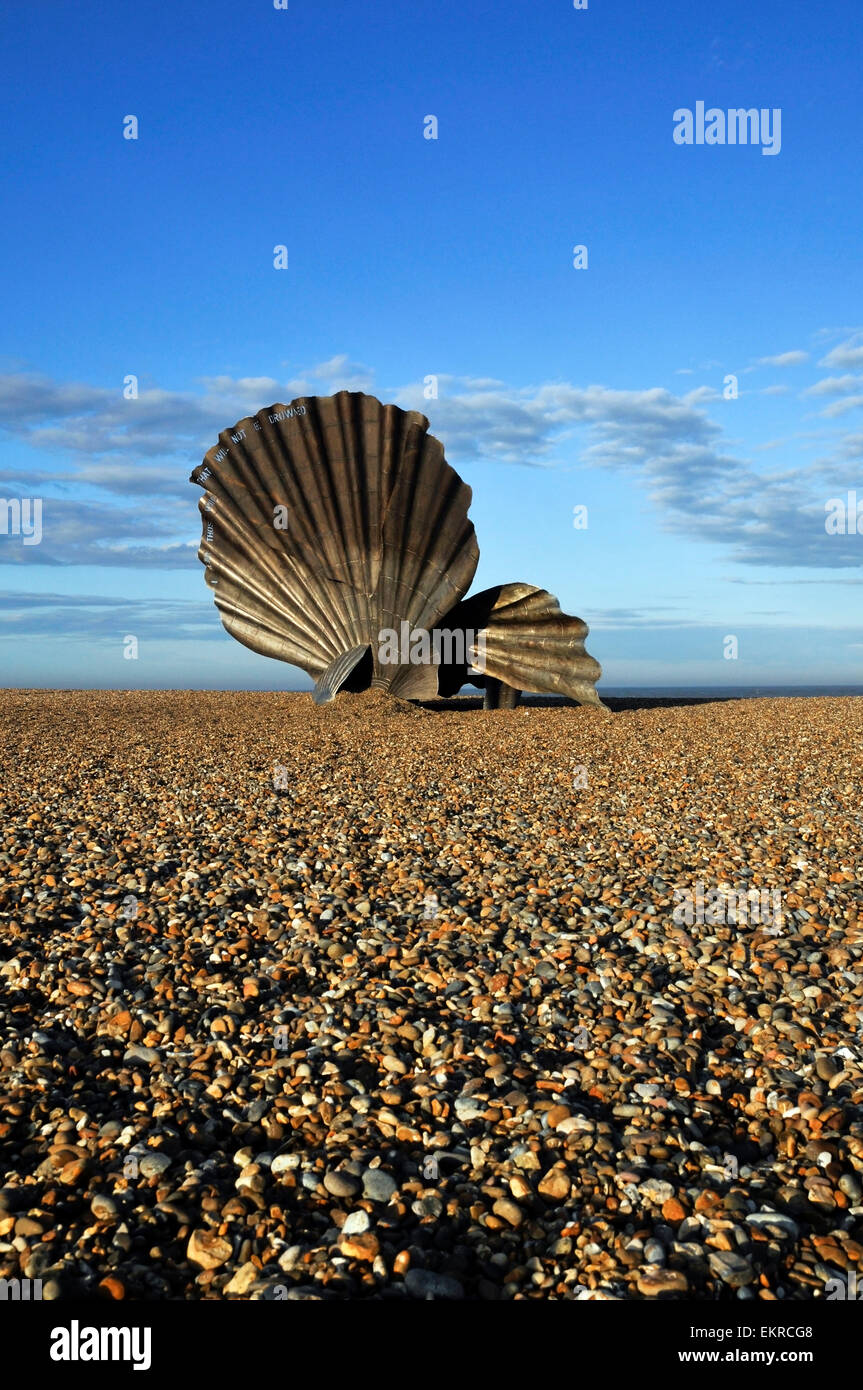 The scallop, a sculpture  celebrate Benjamin Britten by Maggi Hambling stainless steel, beach of Aldeburgh Suffolk England UK Stock Photo