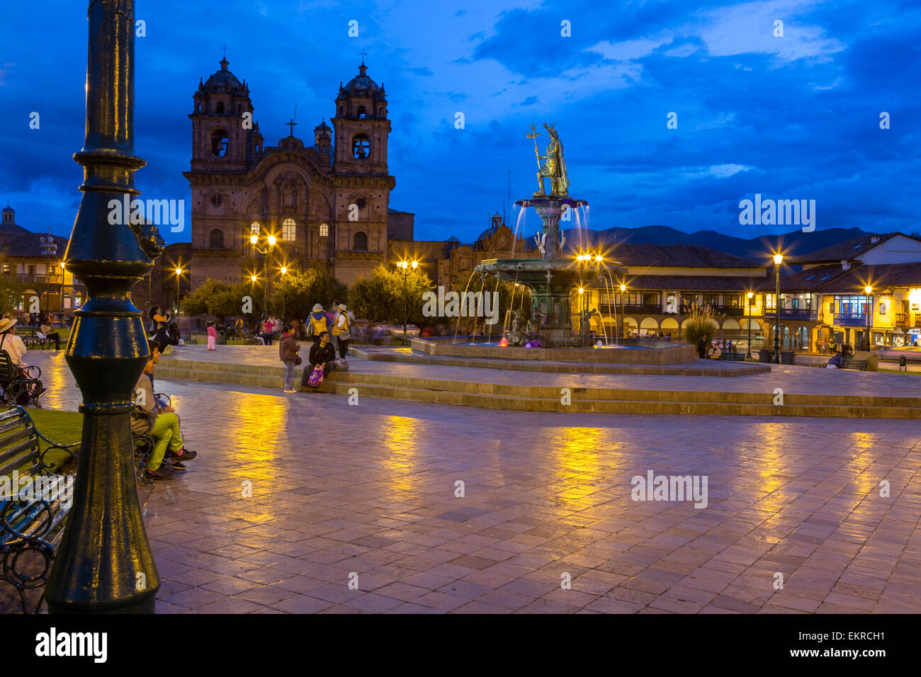 Peru, Cusco. Plaza de Armas at Night. La Compania Church in Background