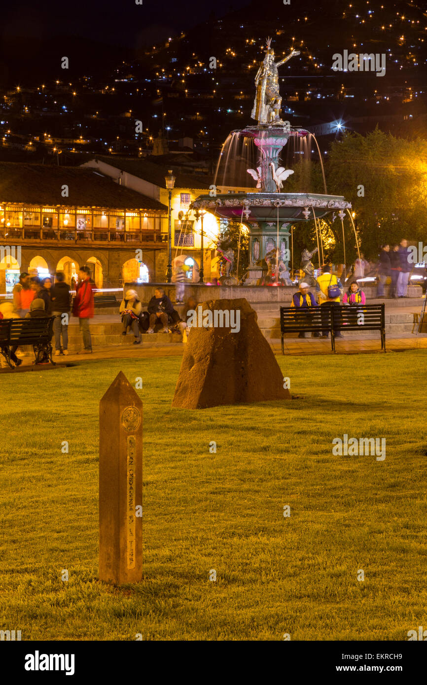 Peru, Cusco.  Plaza de Armas at Night.  Lights show new neighborhoods advancing up the hills surrounding the central core of the Stock Photo