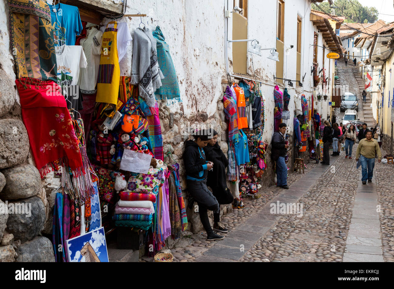 Peru, Cusco.  Street Scene, Souvenir Shops. Stock Photo
