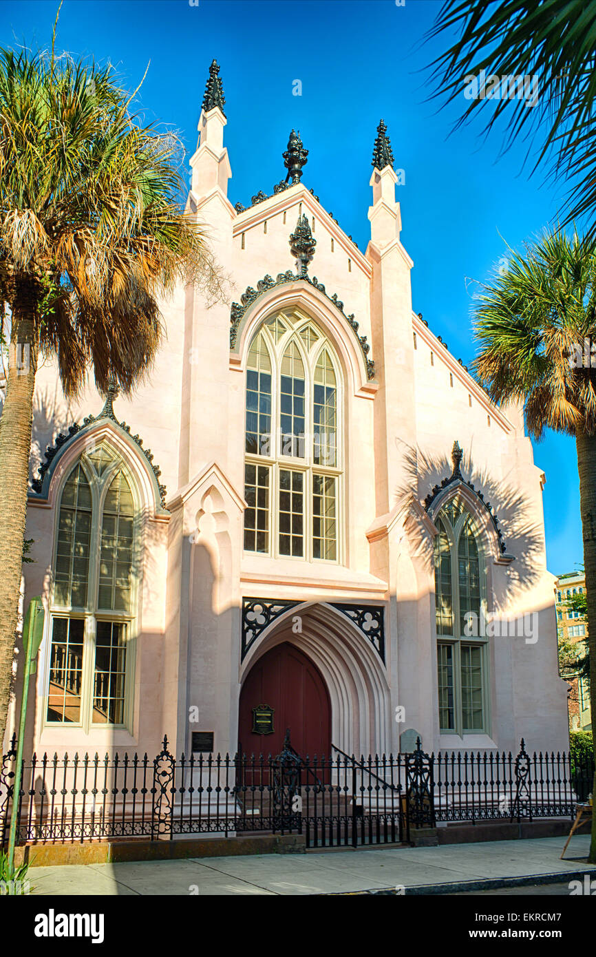 French Huguenot Church Entrance View, Charleston, South Carolina Stock Photo