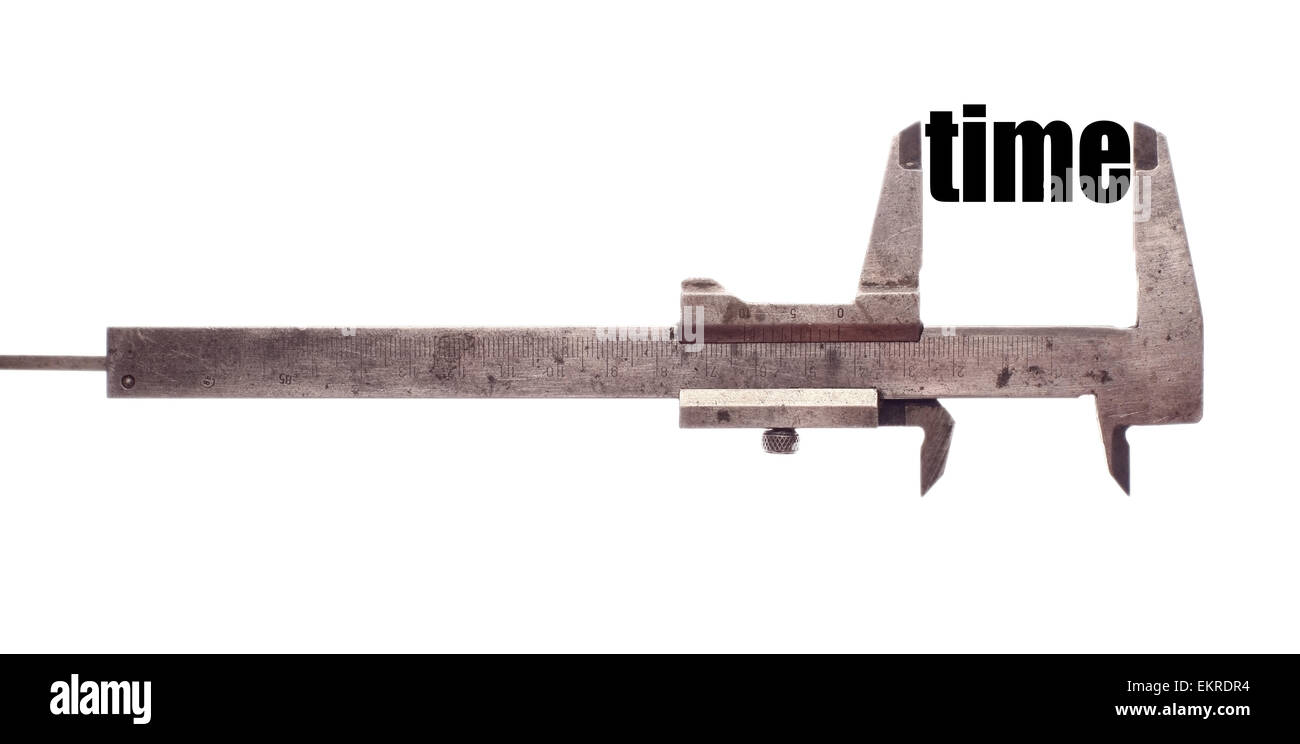 Color horizontal shot of a caliper and measuring the word "time Stock