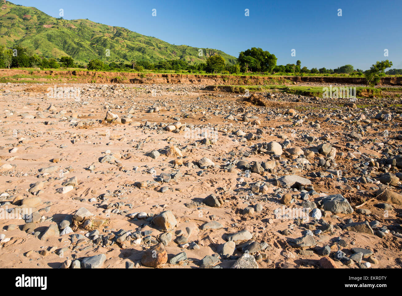 In mid January 2015, a three day period of excessive rain brought unprecedented floods to the small poor African country of Malawi. It displaced nearly quarter of a million people, devastated 64,000 hectares of land, and killed several hundred people. This shot shows flood damage near Chikwawa. Stock Photo