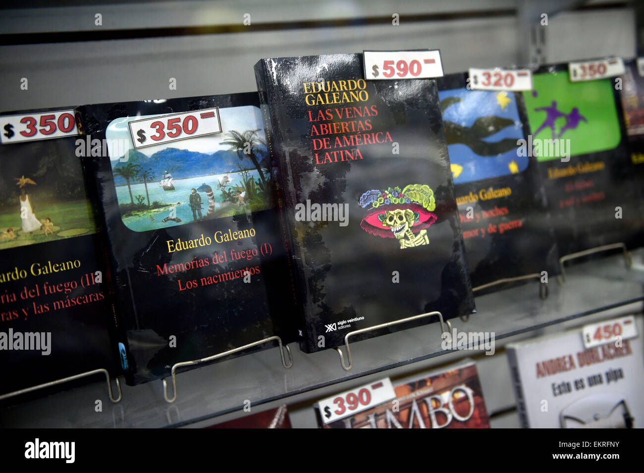 Montevideo, Uruguay. 13th Apr, 2015. Books of Uruguayan writer Eduardo Galeano, are shown in a bookstore, in Montevideo, capital of Uruguay, on April 13, 2015. Uruguayan writer Eduardo Galeano, author of 'Open Veins of Latin America', died on Monday in Montevideo at 74 years old. © Nicolas Celaya/Xinhua/Alamy Live News Stock Photo