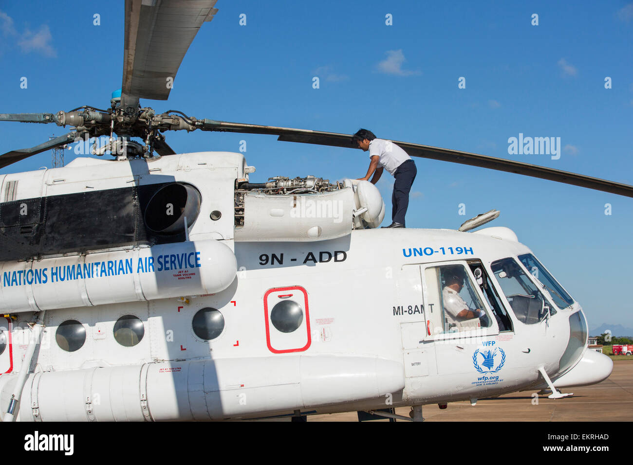 In mid January 2015, a three day period of excessive rain brought unprecedented floods to the small poor African country of Malawi. It displaced nearly quarter of a million people, devastated 64,000 hectares of land, and killed several hundred people. This shot shows A Russian Mi8 helicopter being used by the United Nations, World Food Program to deliver food aid to areas still cut off by the flooding, around Bangula and Mkhanga. Stock Photo