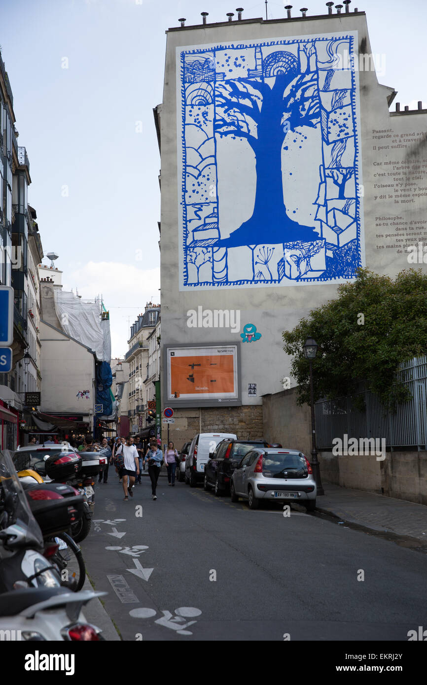 L’arbre bleu (the blue tree) is a mural by artist Pierre Alechinsky at the intersection of rue Clovis and rue Descartes, Paris Stock Photo