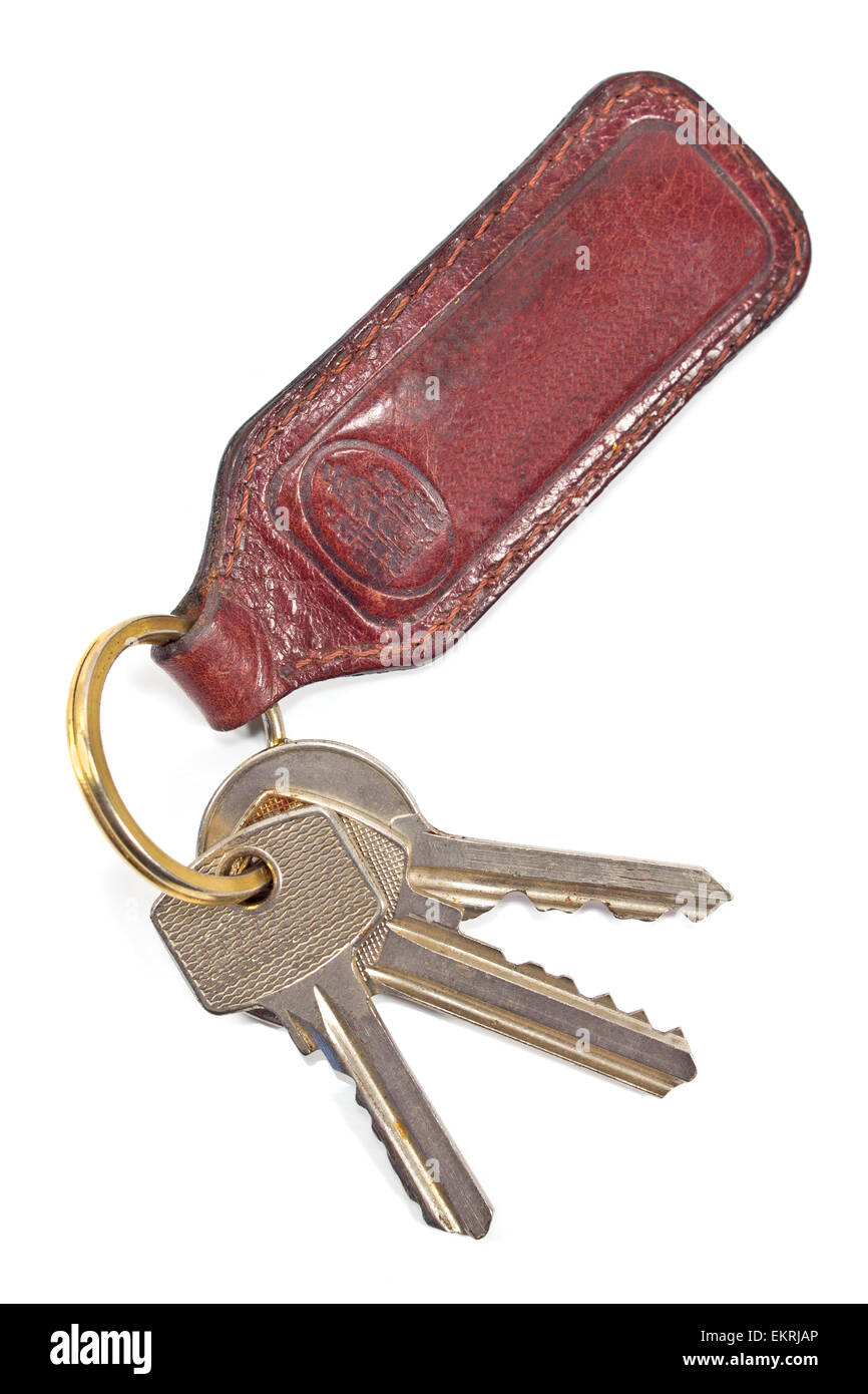 Keys with leather tag isolated on white Stock Photo Alamy