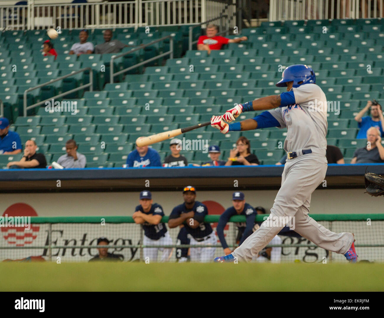 New Orleans, LA, USA. 13th Apr, 2015. Iowa Cubs shortstop Addison Russell (3) hits a single in the first inning during the game between Iowa Cubs and New Orleans Zephyrs at Zephyr Field in New Orleans, LA. Credit:  csm/Alamy Live News Stock Photo