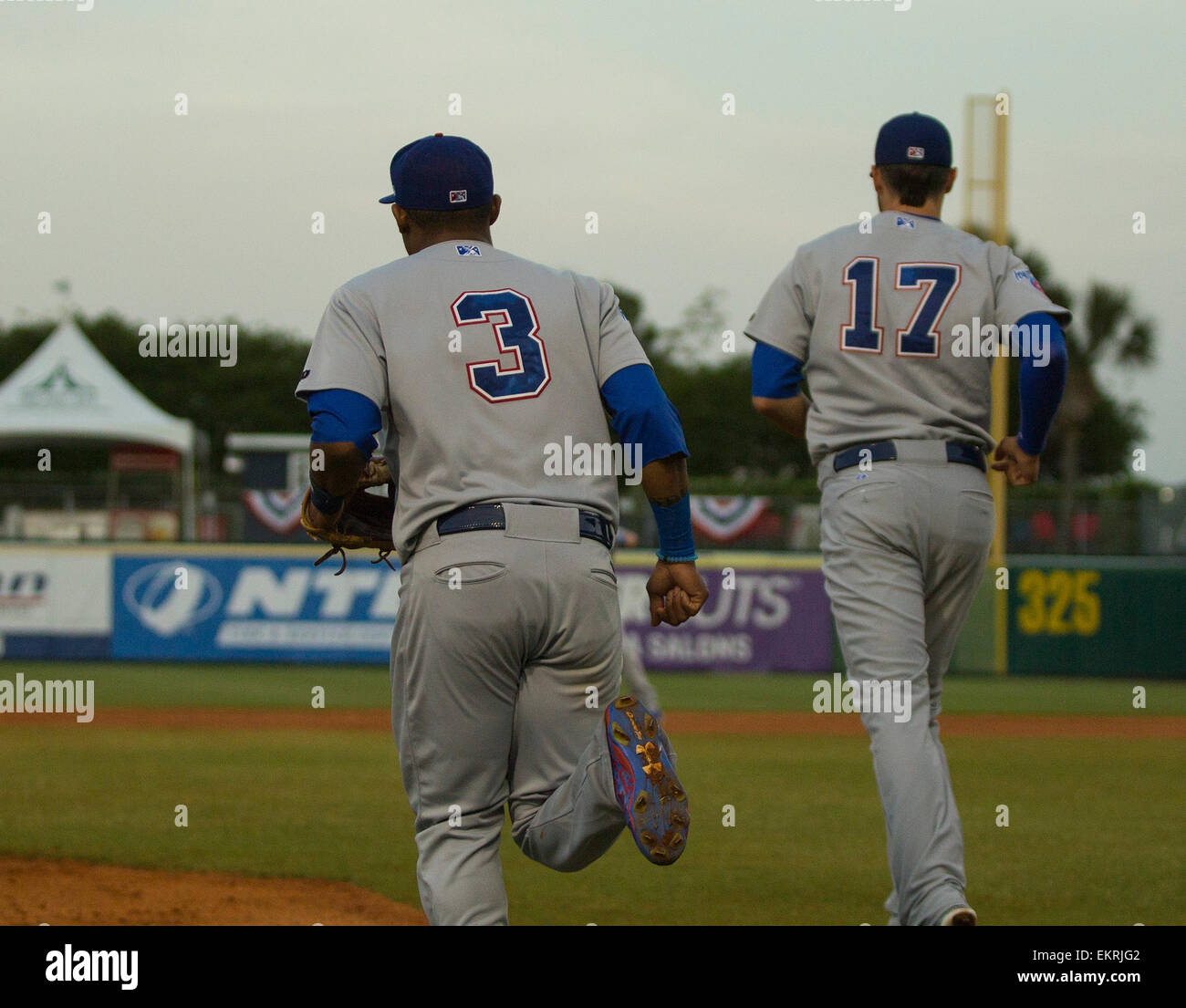New Orleans, LA, USA. 13th Apr, 2015. Iowa Cubs shortstop Addison Russell (3) and third baseman Kris Bryant (17) take the field during the game between Iowa Cubs and New Orleans Zephyrs at Zephyr Field in New Orleans, LA. Credit:  csm/Alamy Live News Stock Photo