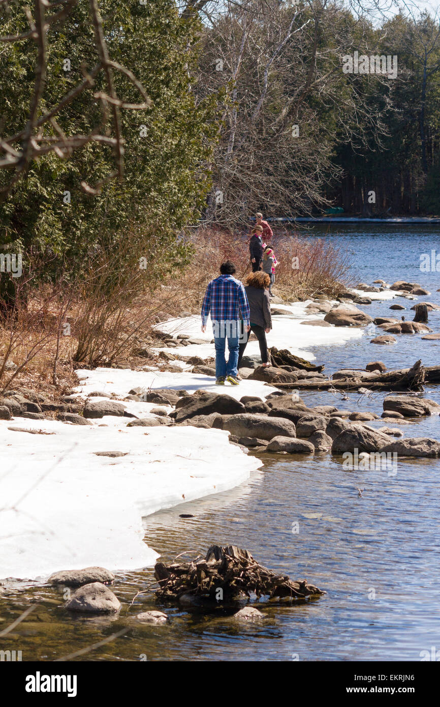 Group of people walk along ice on river shoreline in early Spring in April at the Riverview Park and Zoo in Peterborough Ontario Stock Photo