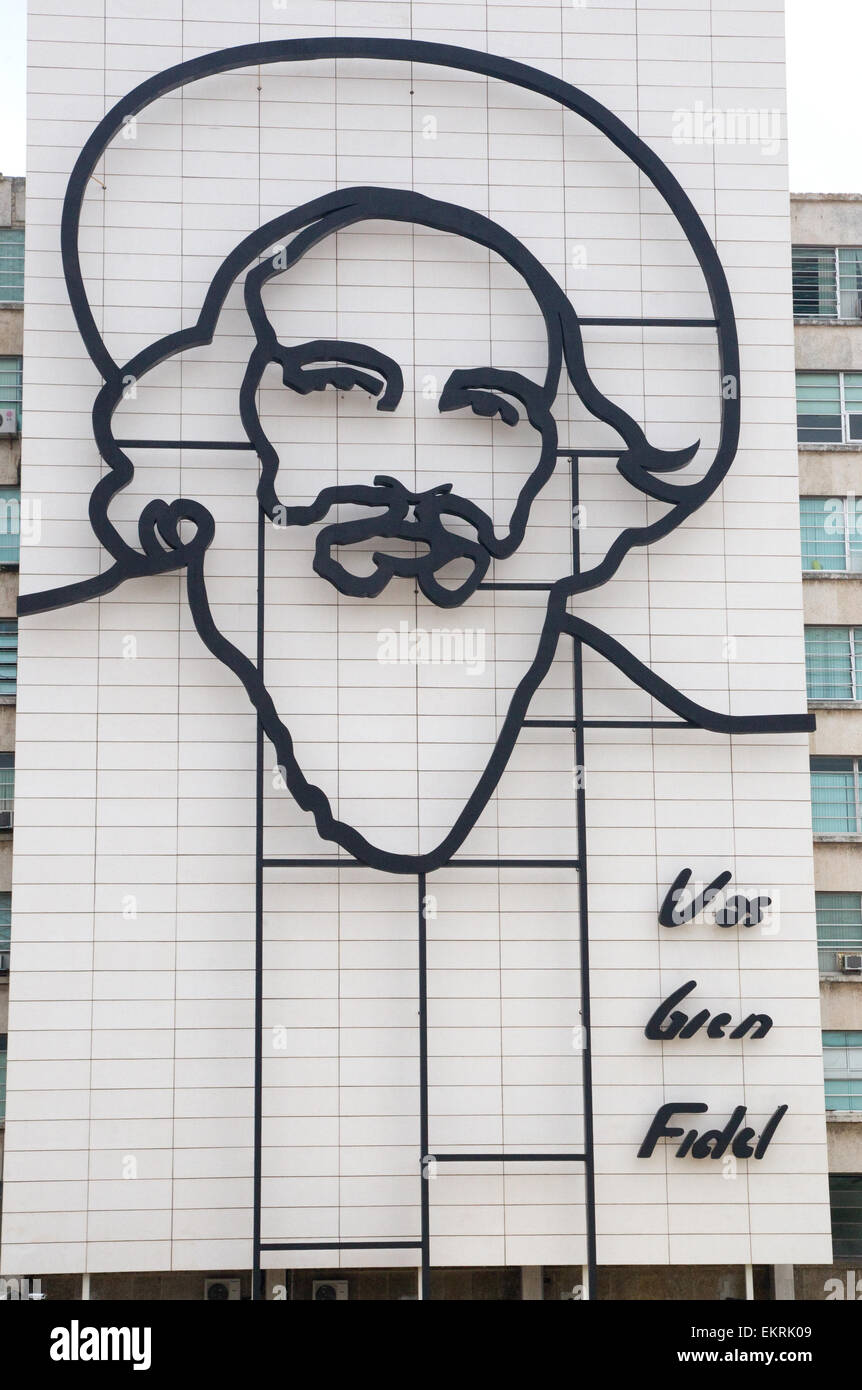 Camilo Cienfuegos,Fidel Castro's right-hand man and confident during the revolution, is outlined in iron on the front façade Stock Photo