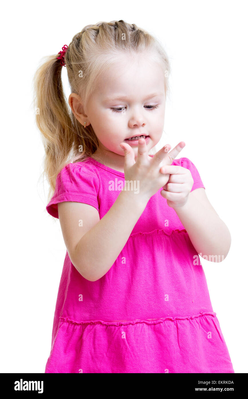child girl counting on fingers of her hands Stock Photo