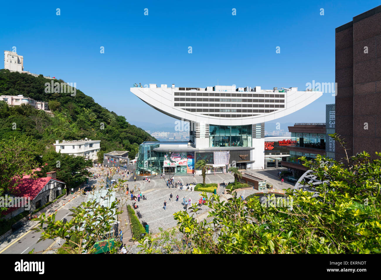 Hong Kong, Hong Kong SAR -November 15, 2014:The Peak Tower in Hong Kong with many tourists. The Peak Tower is one of the most po Stock Photo