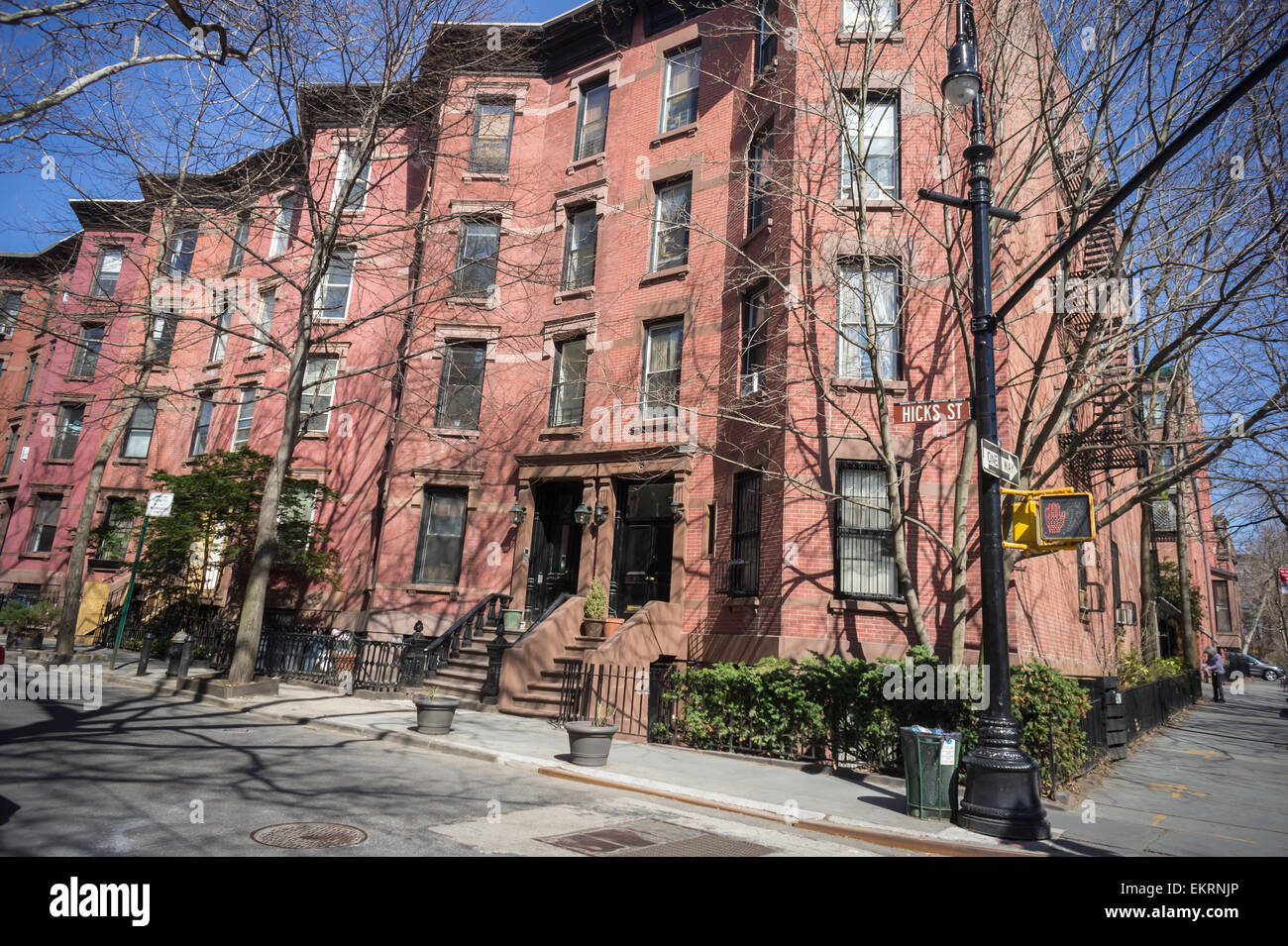 An eclectic mix of attached homes on Hicks Street in the Brooklyn