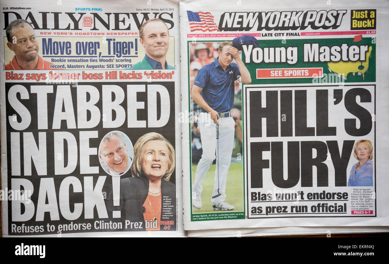 The New York Daily News and the Post  on Monday, April 13, 2015 both report on their front pages about New York Mayor Bill de Blasio not endorsing Hillary Clinton after her announcement to run for president.. Clinton announced her intentions to run on social media yesterday and de Blasio was her campaign manager for her 2000 Senate race. (© Richard B. Levine) Stock Photo