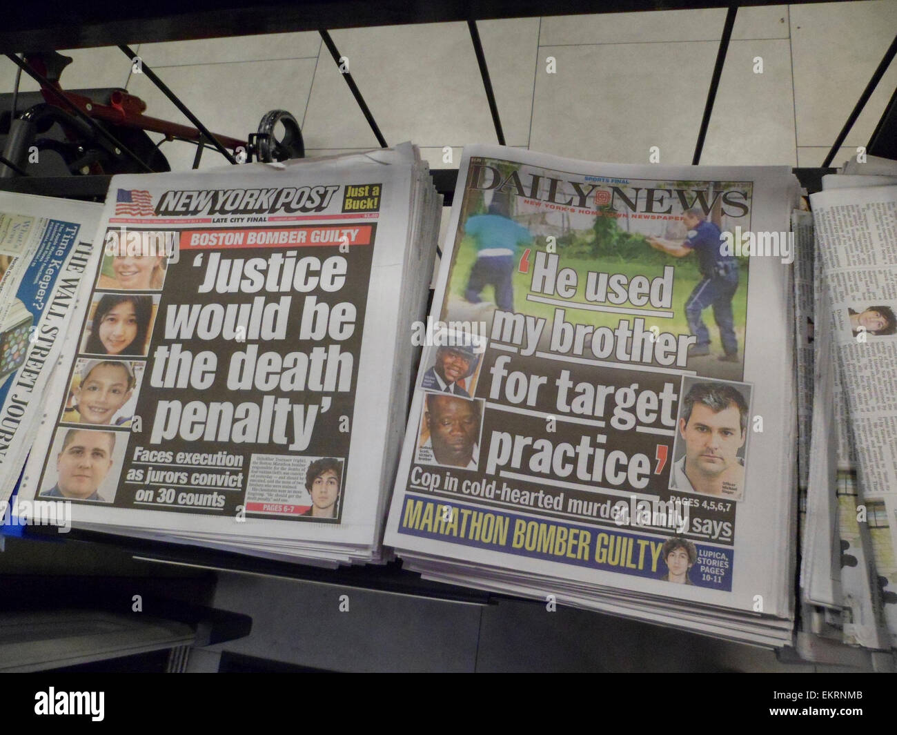 The competing tabloids, the New York Daily News and the New York Post use different news items for their front pages on Thursday, April 9, 2015. While the NYDN uses the police shooting in South Carolina, the NYP uses the conviction of Dzhokhar Tsarnaev in Boston. (© Richard B. Levine) Stock Photo