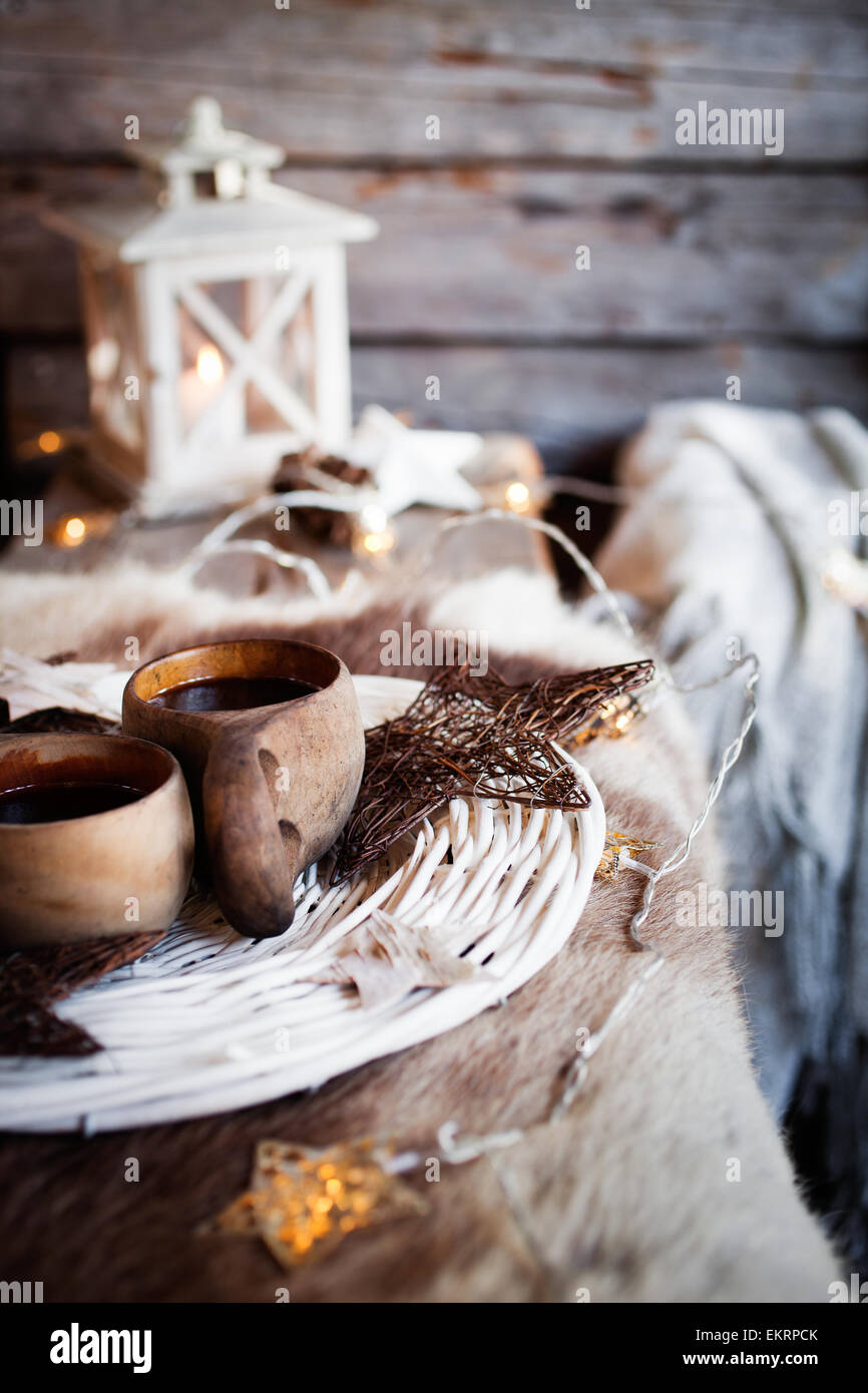 Coffee served from kuksa, finnish wooden cup Stock Photo