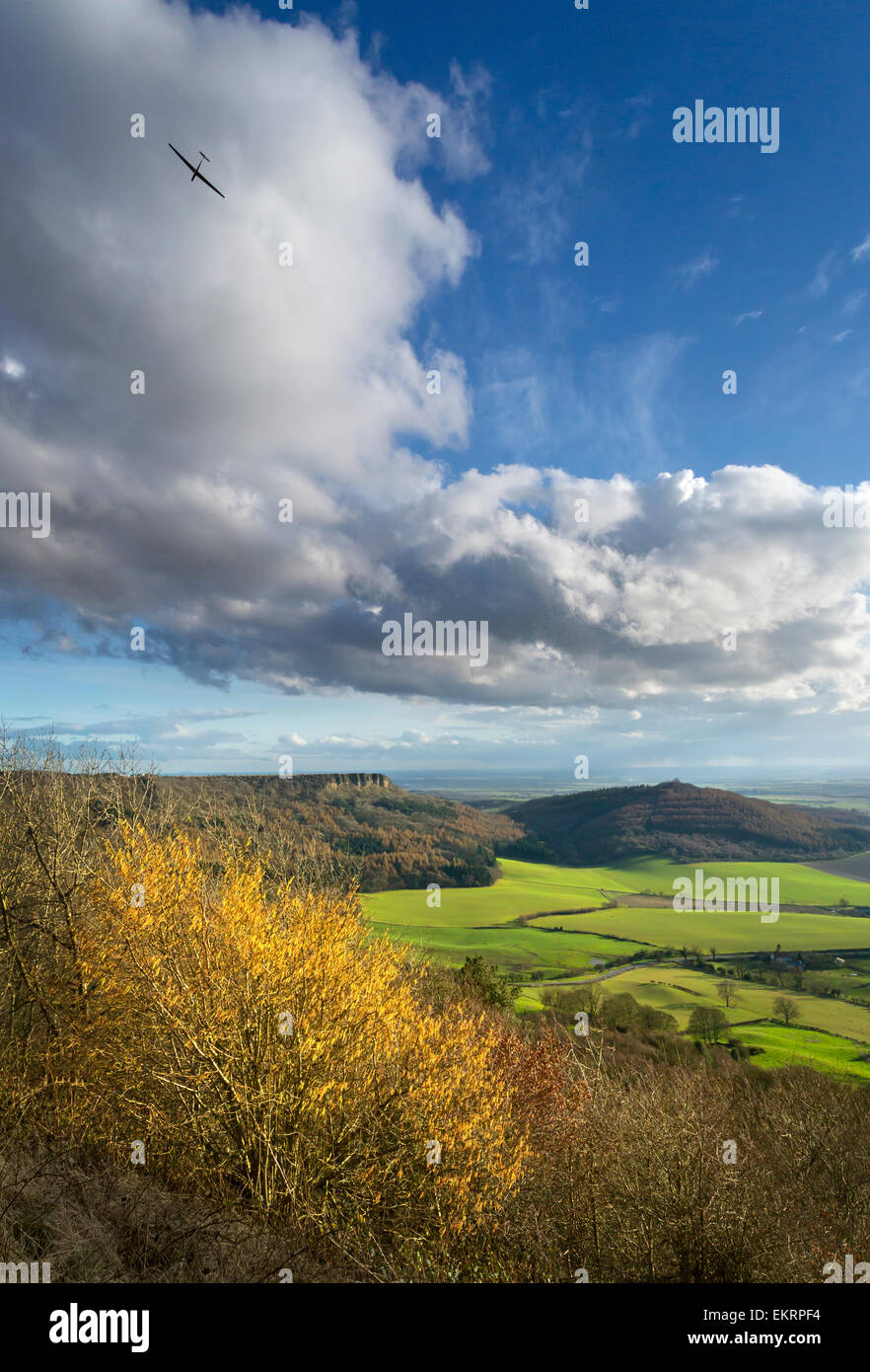 A glider over Sutton Bank, Hood Hill and Roulston Scar in March 2014. Stock Photo