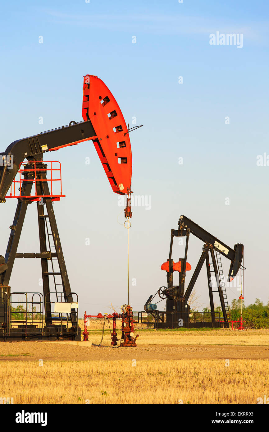 Oil well pump jacks at Bakken Oil Field near Estevan; Saskatchewan