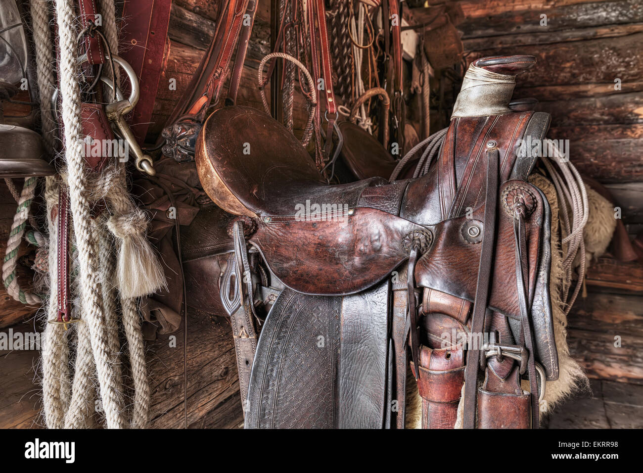 Saddle and horseback riding equipment at Bar U Ranch National Historic Site; Longview, Alberta, Canada Stock Photo