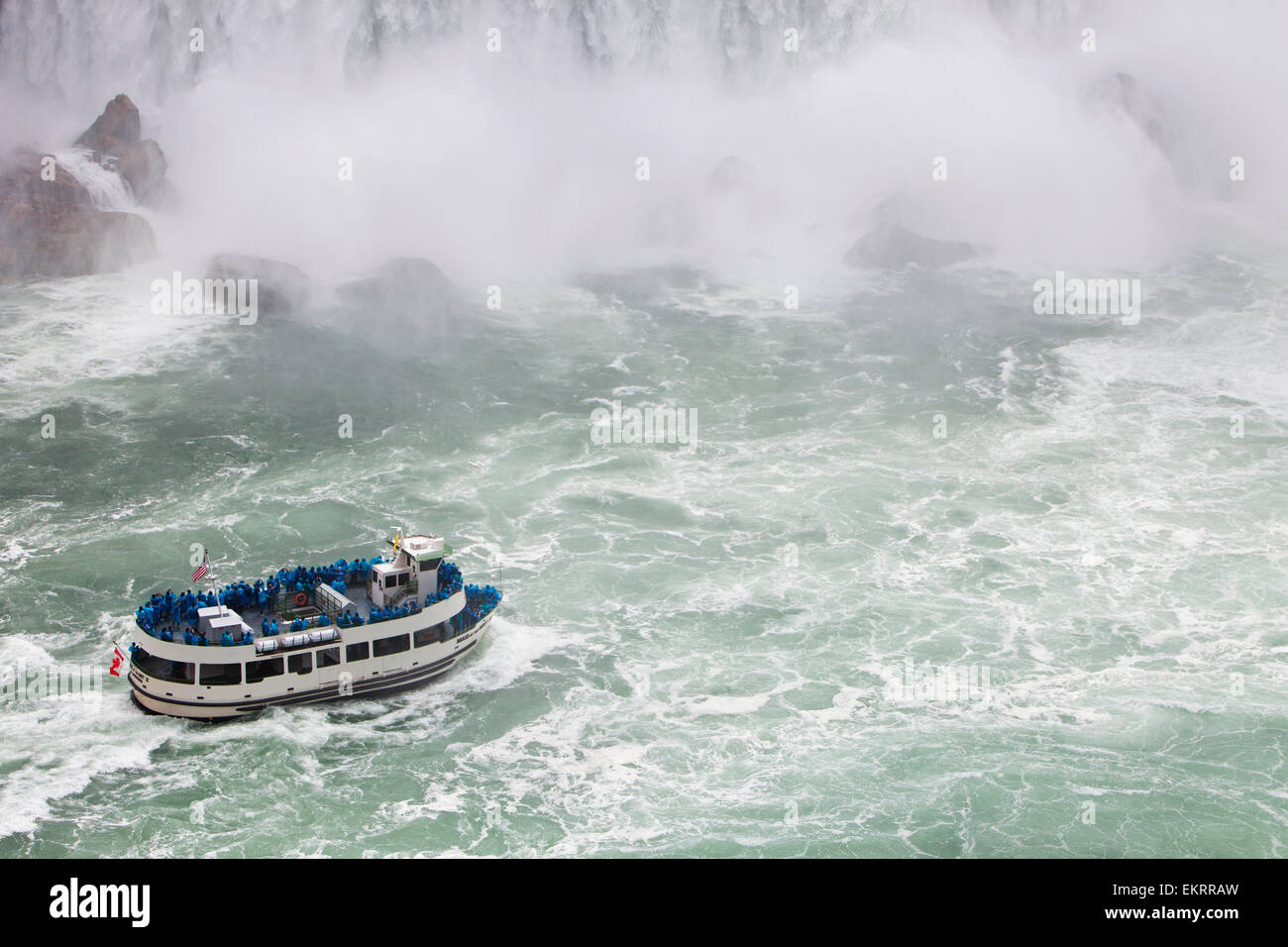 Maid of the Mist tour boat at the base of the Horseshoe Falls; Niagara Falls, Ontario, Canada Stock Photo