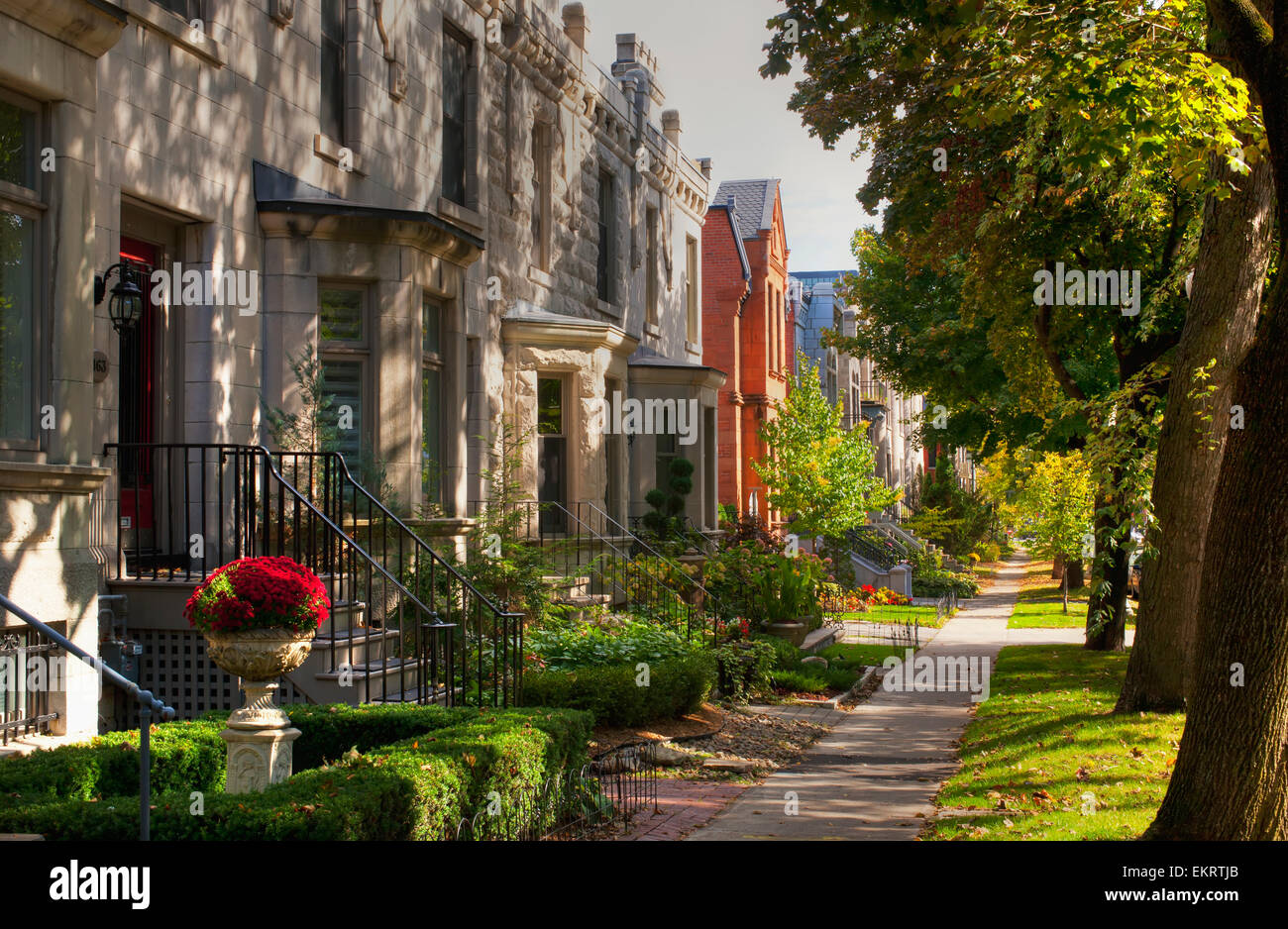 Apartment buildings along city street; Montreal, Quebec, Canada Stock