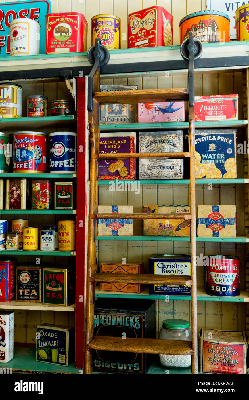 Vintage grocery items on shelf in Kilby General Store Museum at Kilby