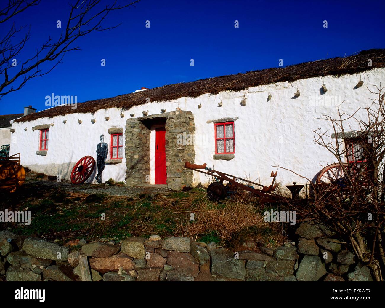 Fanad, Co Donegal, Ireland, Traditional Painted Thatched Cottage Stock