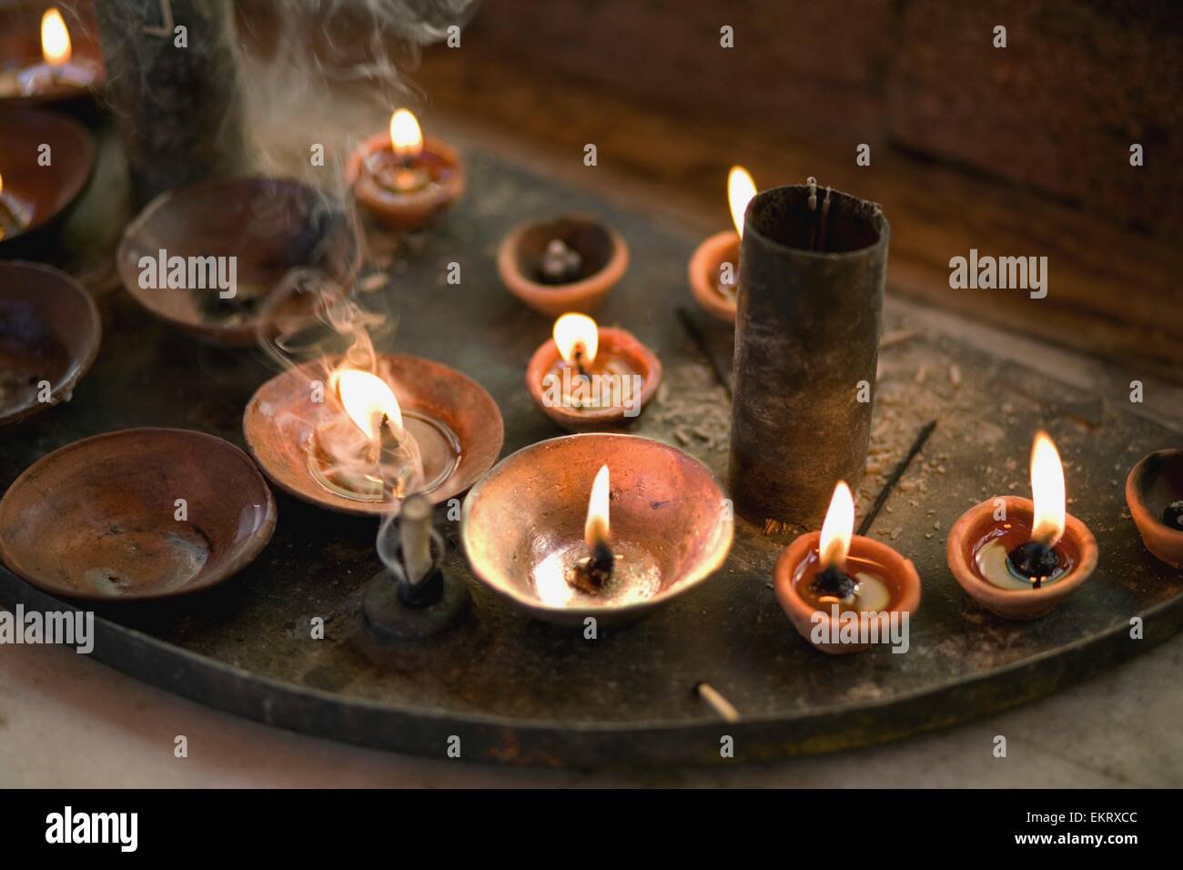 Tray Of Lit Candles; Kashmir, India Stock Photo Alamy
