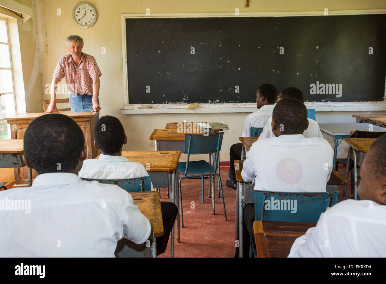 Pupils in a classroom at Nankhunda seminary school, which provides a catholic education for boys from the local community, on the Zomba Plateau, Malawi. Stock Photo