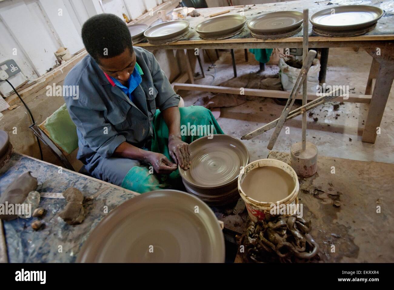 Man Making Pottery; Kenya, Africa Stock Photo