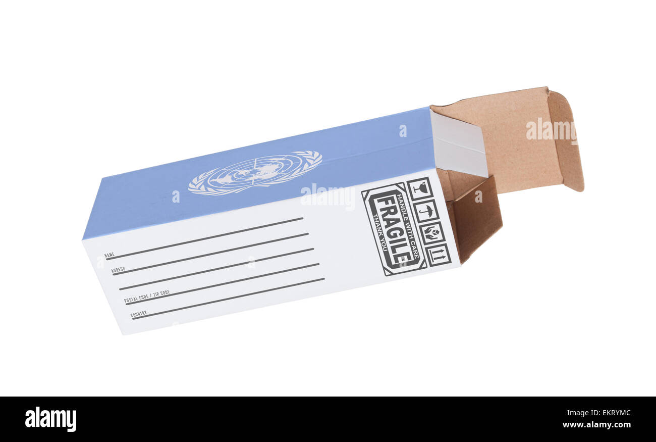 Concept of export, opened paper box - Product of United Nations Stock ...