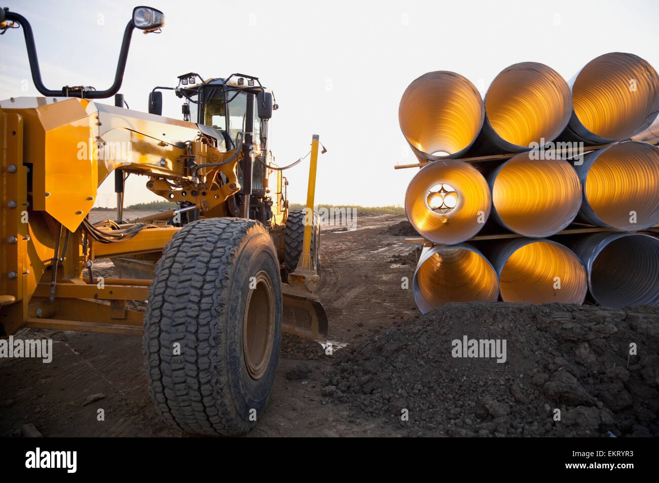 Culvert Pipe Used In Road Construction; Edmonton, Alberta, Canada Stock