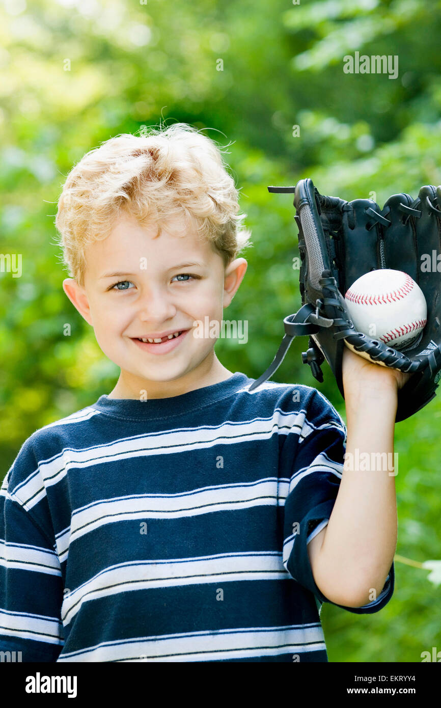 Boy With Baseball And Glove Stock Photo Alamy