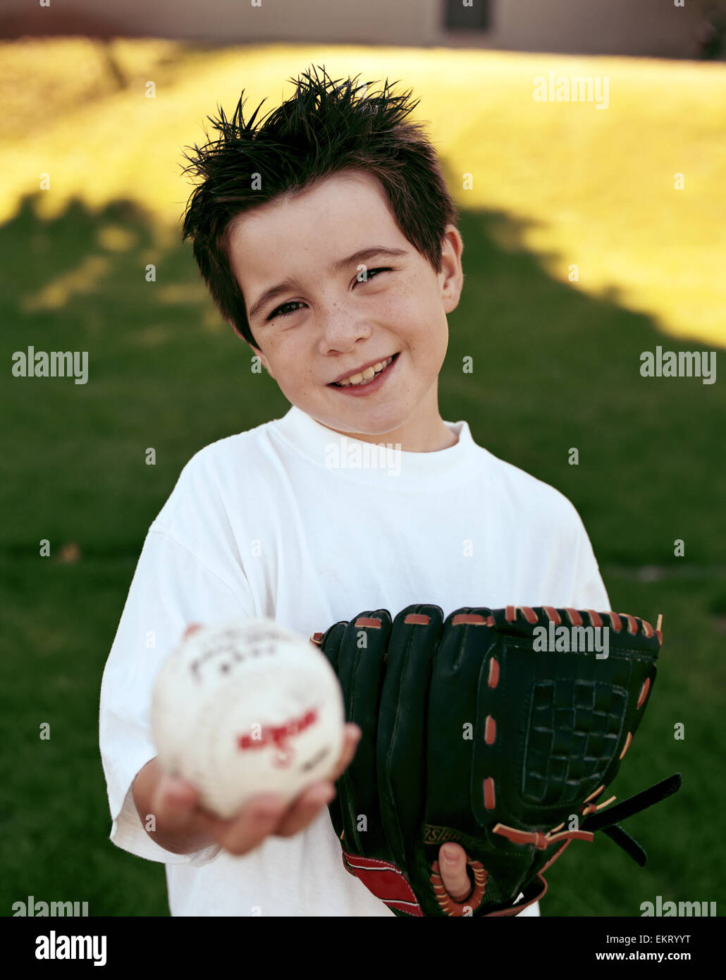 Boy With Baseball And Glove Stock Photo Alamy