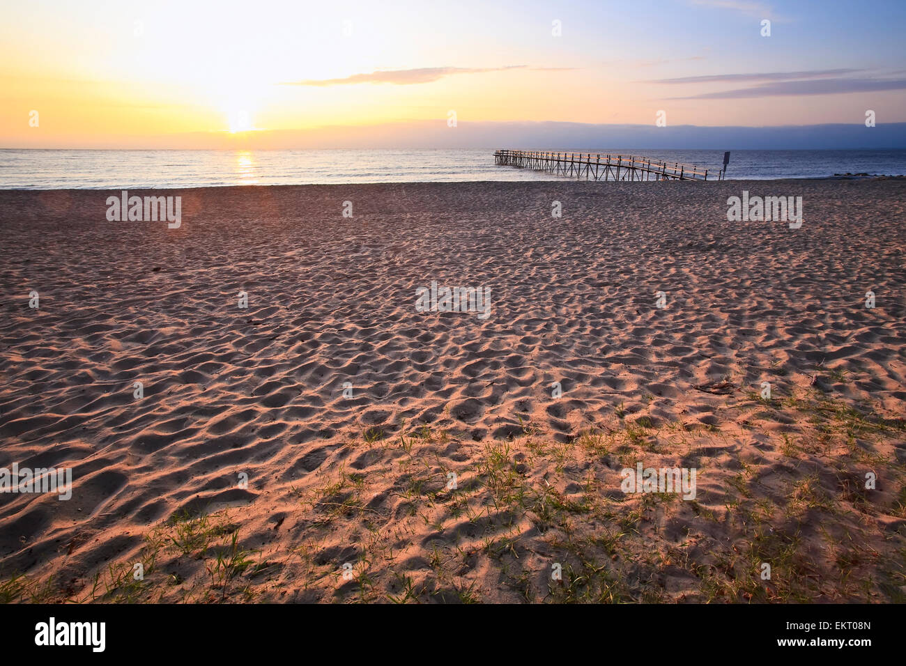 Matlock Beach And Pier At Sunrise On Lake Winnipeg, Manitoba Stock