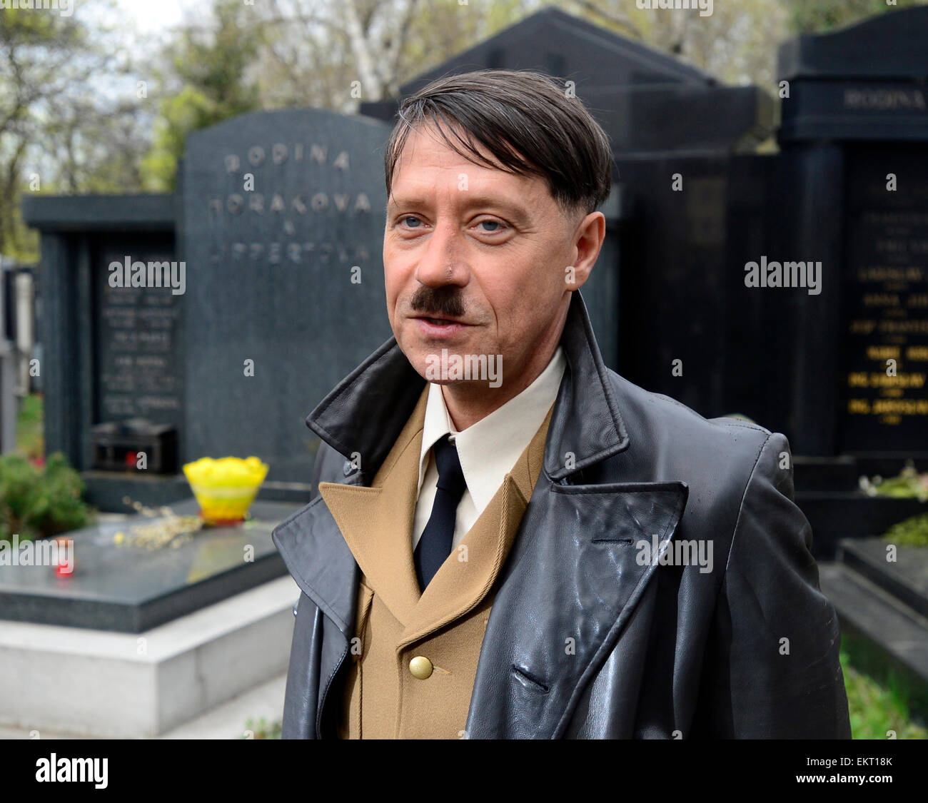 Prague, Czech Republic. 13th Apr, 2015. Shooting of the film about Czechoslovak film star Lida Baarova starts in the Olsany cemetary, Prague, Czech Republic, April 13, 2015. Pictured Pavel Kriz. The lead role in the prepared Czech film about actress Baarova, who was mistress of Nazi Germany´s Propaganda Minister Joseph Goebbels before the war, will play Slovak actress Tana Pauhofova. Austrian actor Karl Markovics will play Goebbels, while one of the most famous German actors, Gedeon Burkhard, was cast for the role of actor Gustav Froehlich, who was Baarova´s partner both on the screen and in h Stock Photo