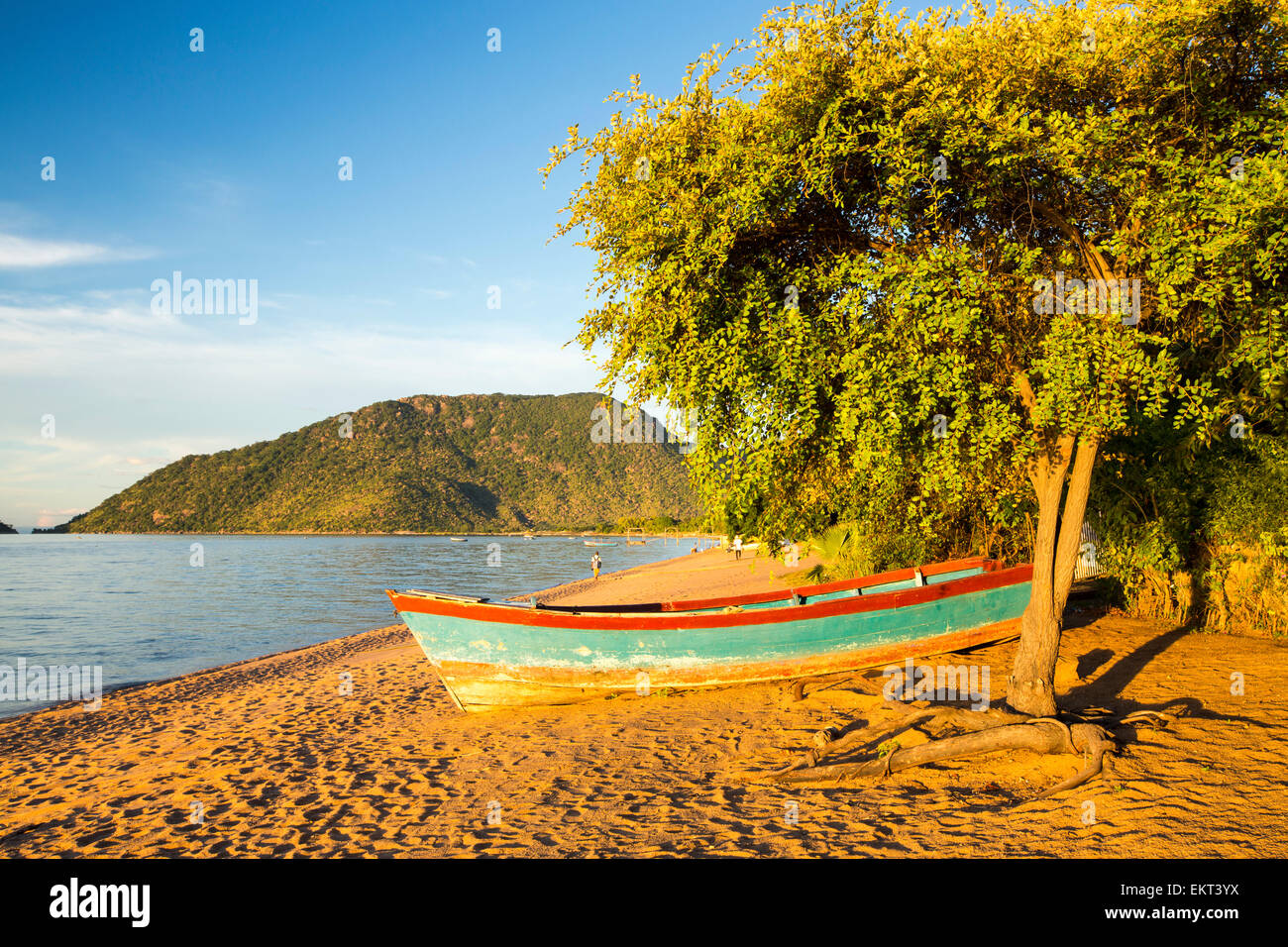 A boat on the beach at Cape Maclear on the shores of Lake Malawi, Malawi, Africa. Stock Photo